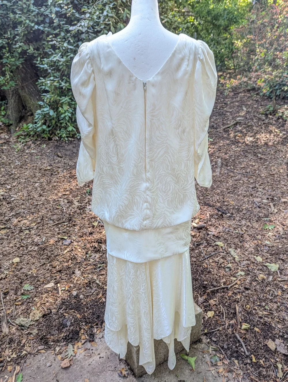 Vtg 80s Whimsigoth Bridal Shower Dress White Satin Jacquard Handkerchief Hem 12 - Picture 10 of 14